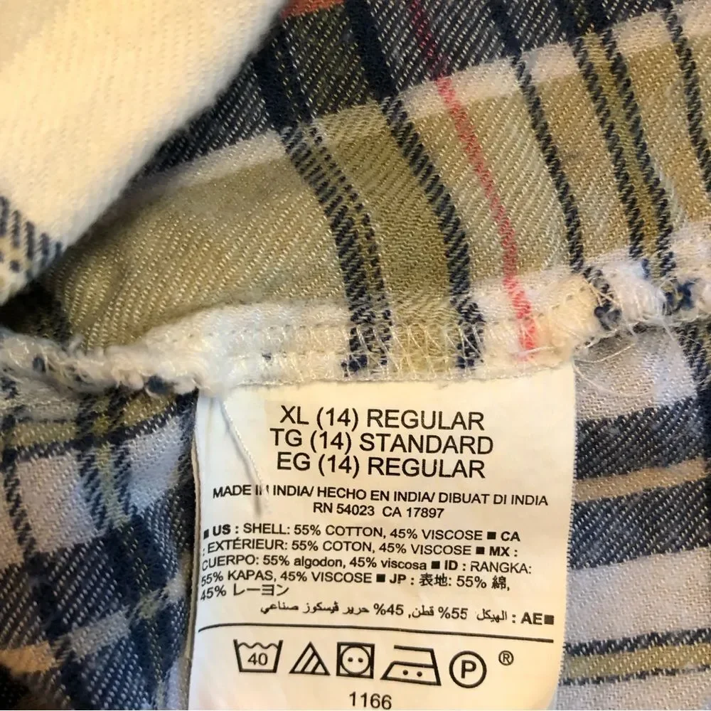 Old Navy Plaid Boyfriend Fit Button-Down Girl's Flannel - Size XL - White/Green